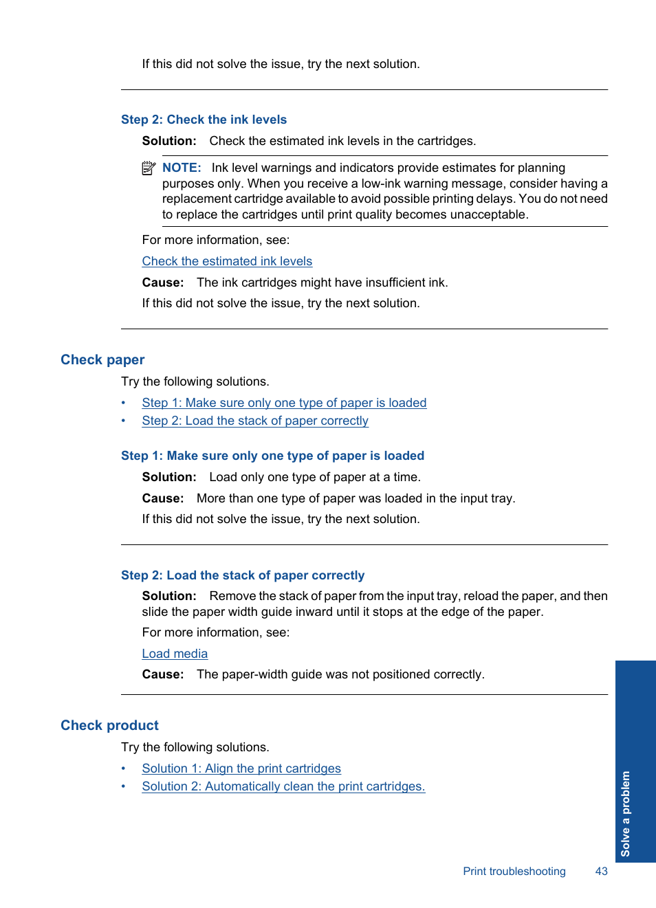 Check paper, Check product, Step 2: check the ink levels | HP Deskjet D5560 Printer User Manual | Page 45 / 68