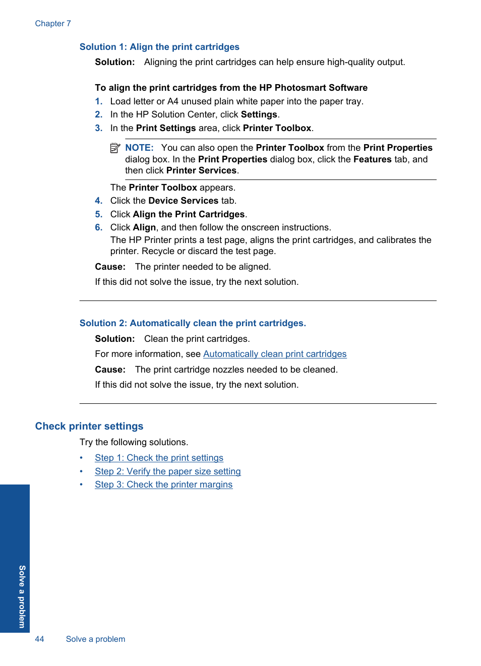 Check printer settings, Solution 1: align the print cartridges | HP Deskjet D5560 Printer User Manual | Page 46 / 68