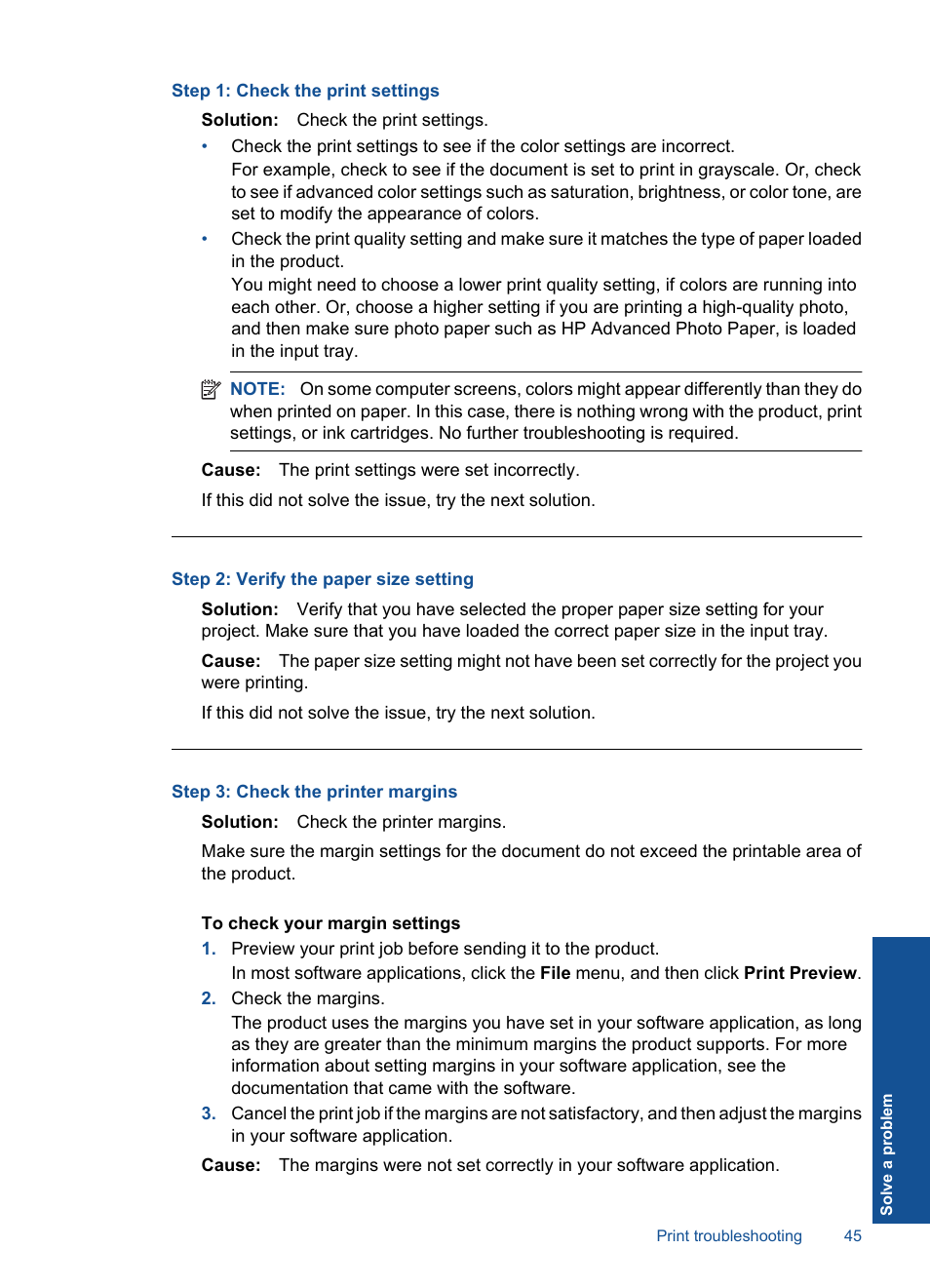 Step 1: check the print settings, Step 2: verify the paper size setting, Step 3: check the printer margins | HP Deskjet D5560 Printer User Manual | Page 47 / 68