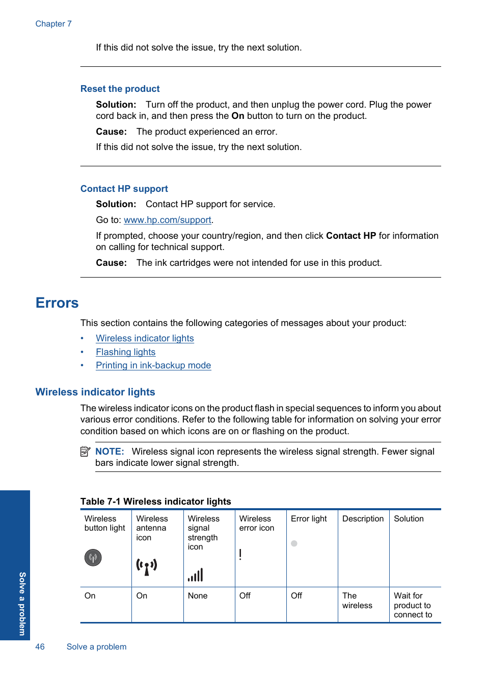 Errors, Wireless indicator lights, Reset the product | Contact hp support | HP Deskjet D5560 Printer User Manual | Page 48 / 68