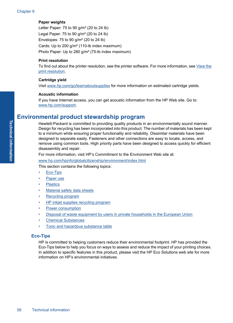 Environmental product stewardship program, Eco-tips | HP Deskjet D5560 Printer User Manual | Page 58 / 68