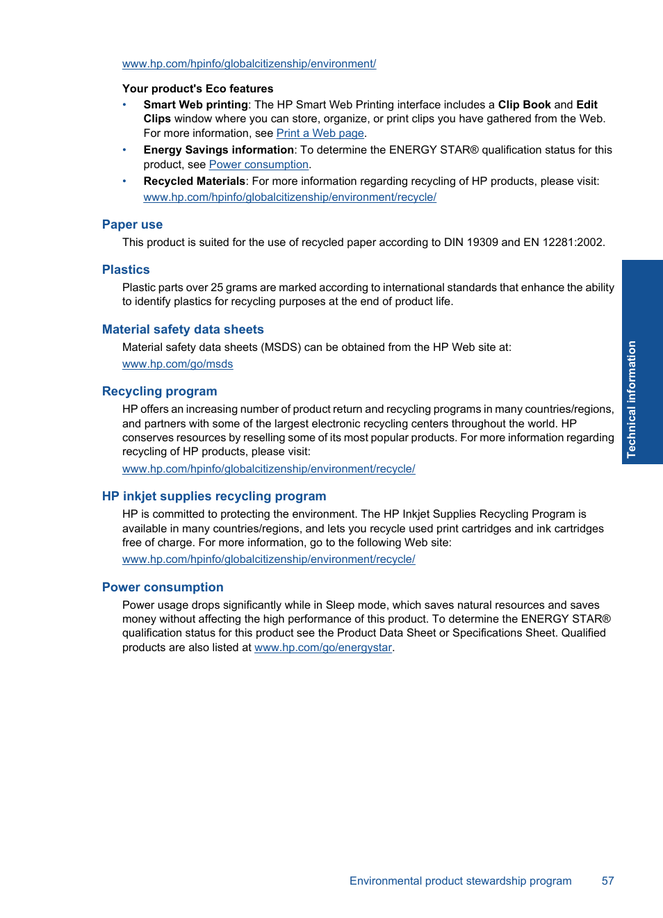 Paper use, Plastics, Material safety data sheets | Recycling program, Hp inkjet supplies recycling program, Power consumption | HP Deskjet D5560 Printer User Manual | Page 59 / 68