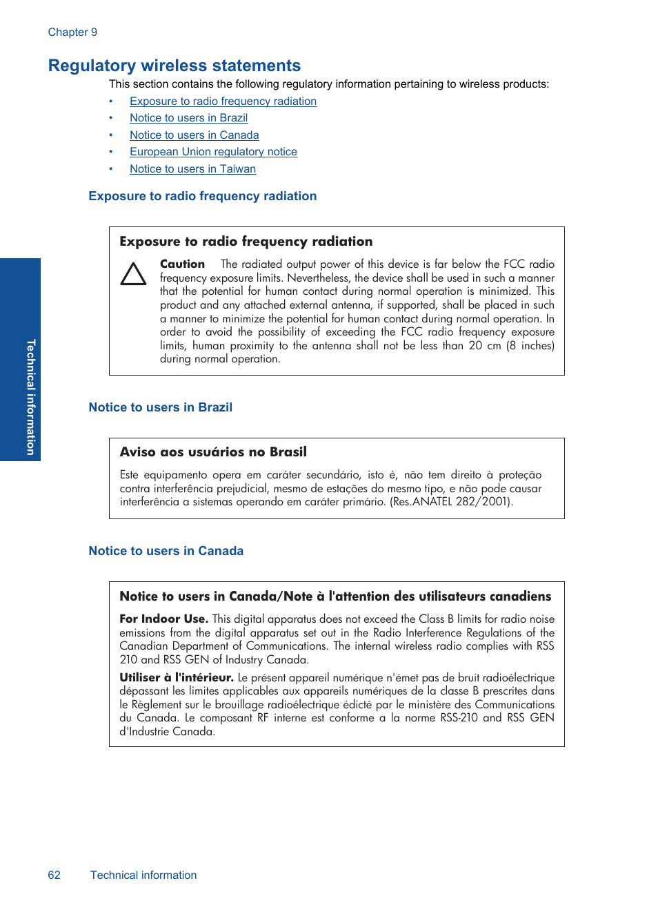 Regulatory wireless statements, Exposure to radio frequency radiation, Notice to users in brazil | Notice to users in canada | HP Deskjet D5560 Printer User Manual | Page 64 / 68