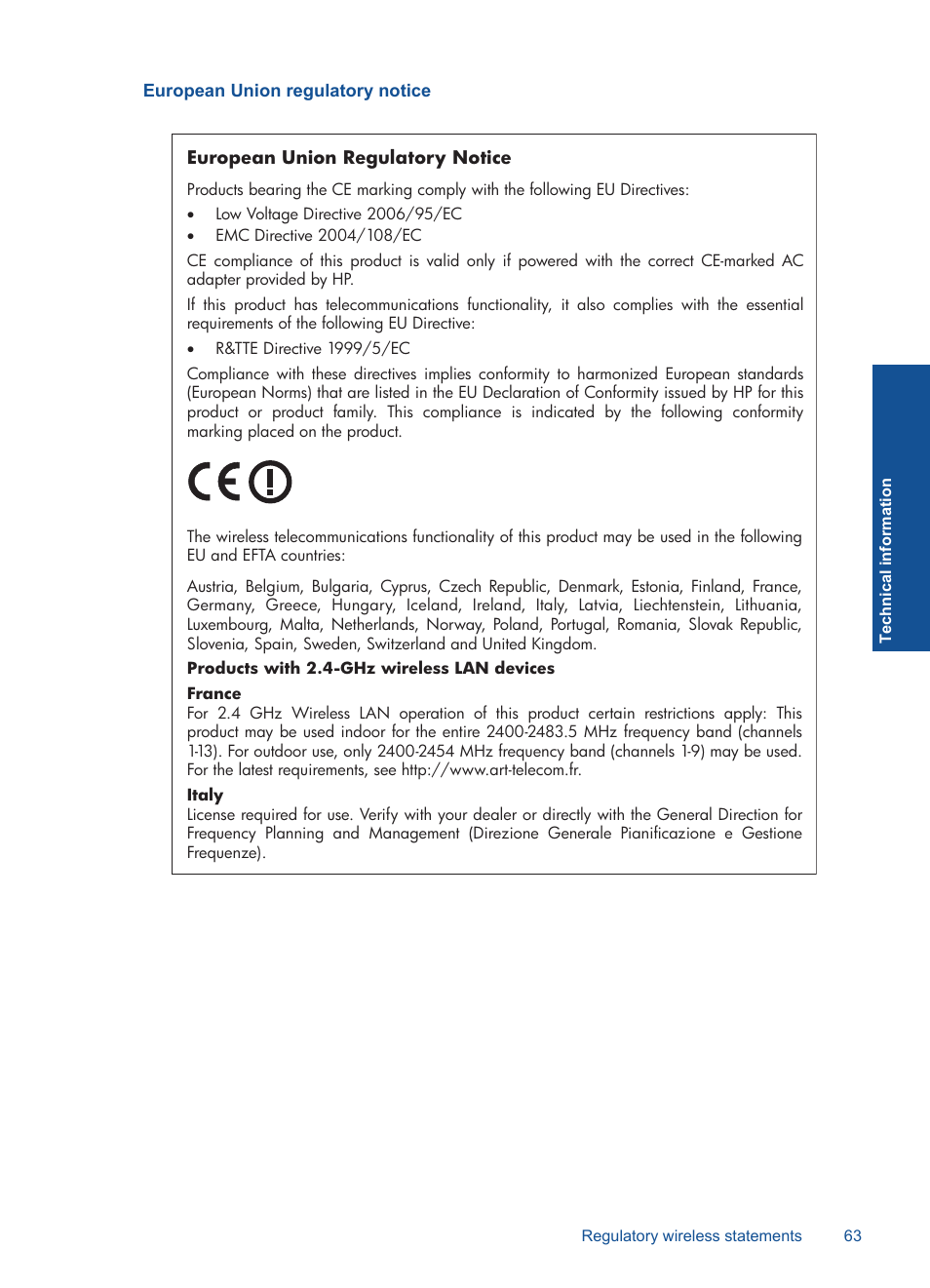 European union regulatory notice | HP Deskjet D5560 Printer User Manual | Page 65 / 68