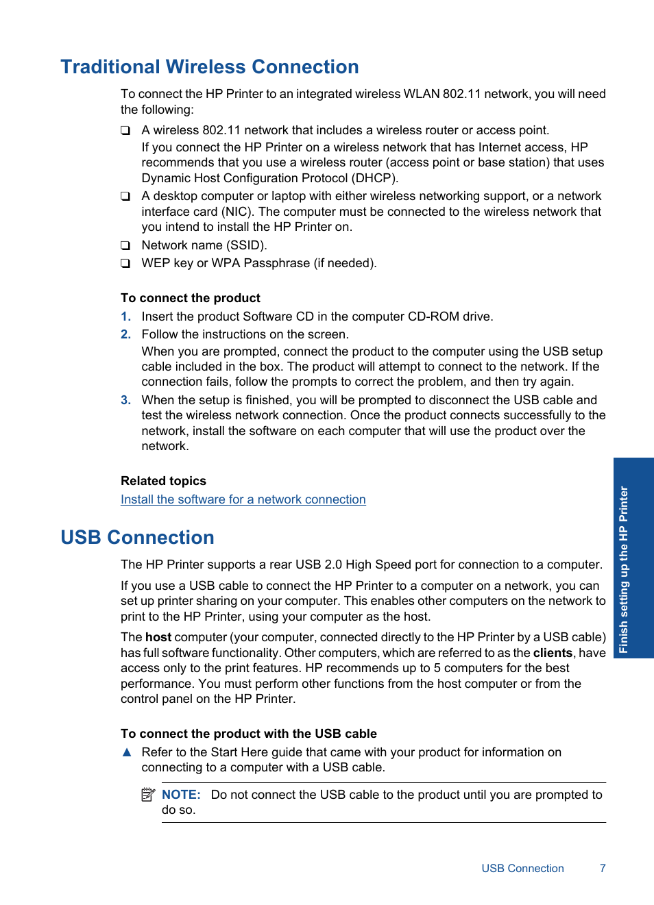 Traditional wireless connection, Usb connection, Traditional wireless connection usb connection | HP Deskjet D5560 Printer User Manual | Page 9 / 68