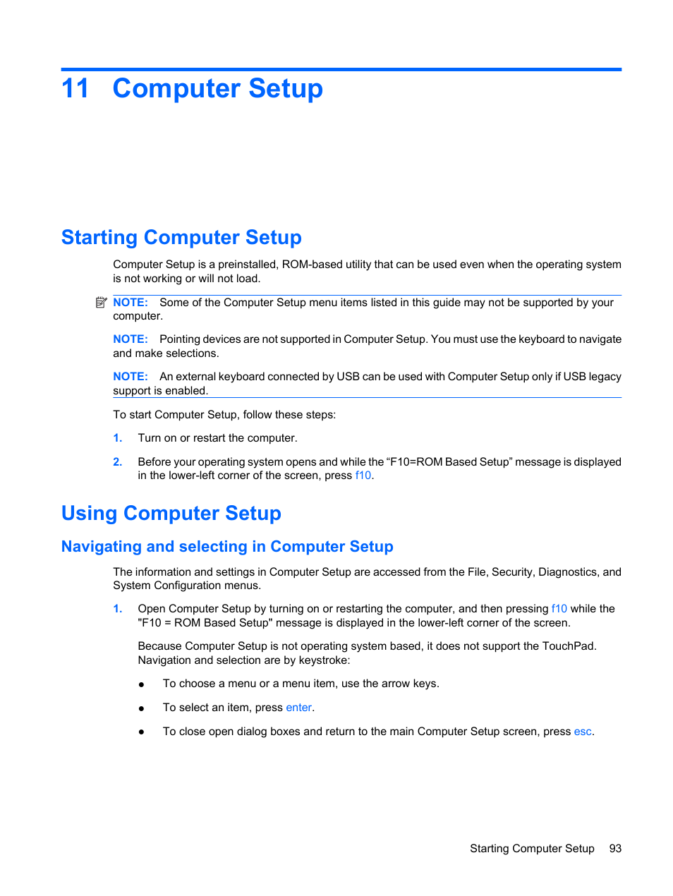 Computer setup, Starting computer setup, Using computer setup | Navigating and selecting in computer setup, 11 computer setup | HP Mini 5101 User Manual | Page 103 / 115