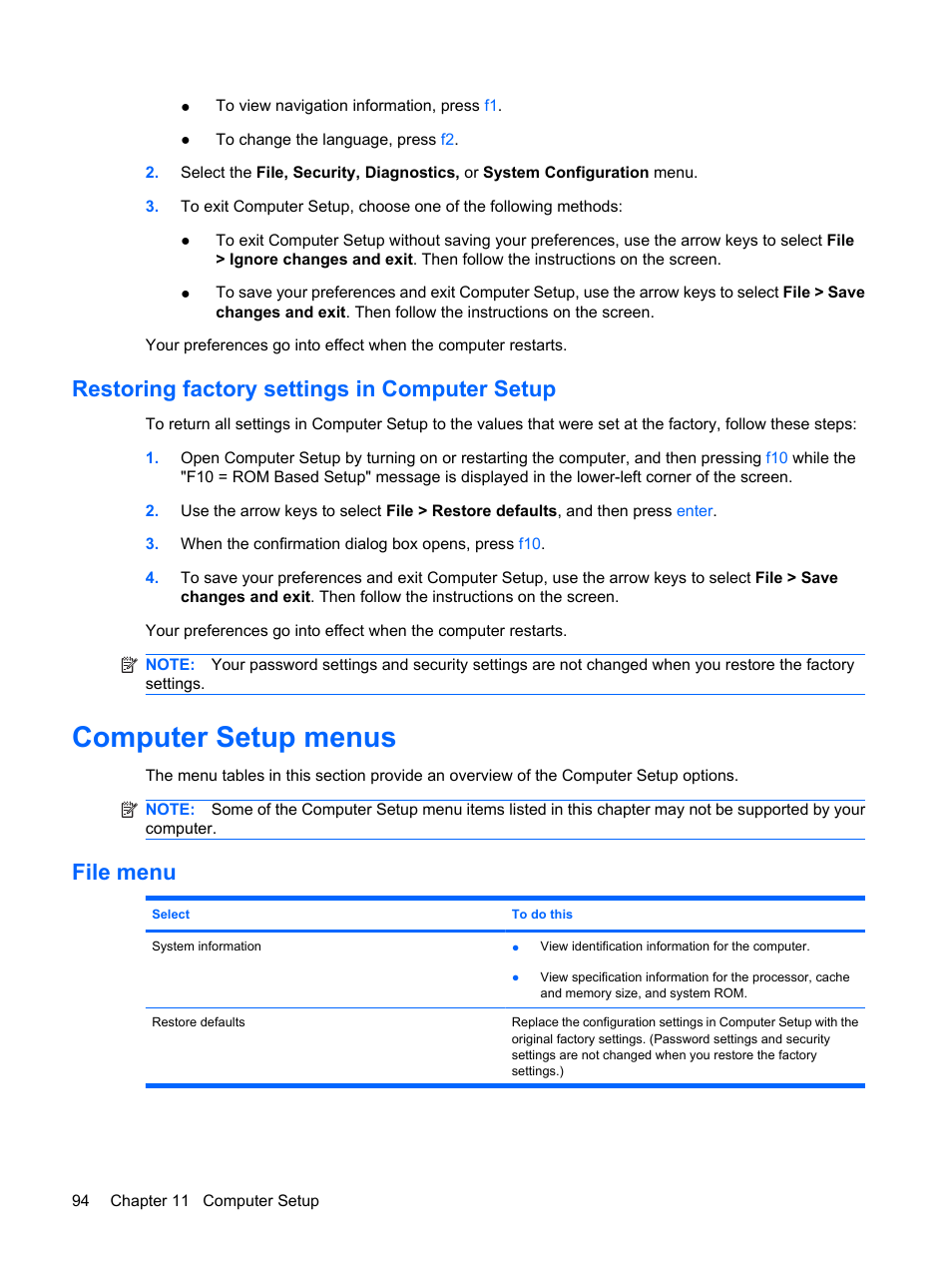 Restoring factory settings in computer setup, Computer setup menus, File menu | HP Mini 5101 User Manual | Page 104 / 115