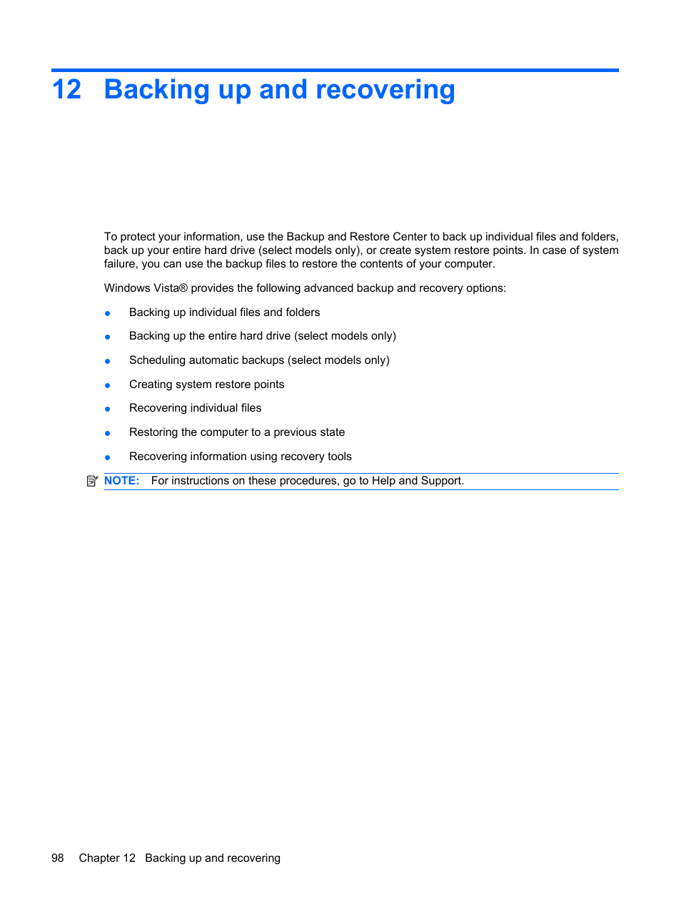 Backing up and recovering, 12 backing up and recovering | HP Mini 5101 User Manual | Page 108 / 115