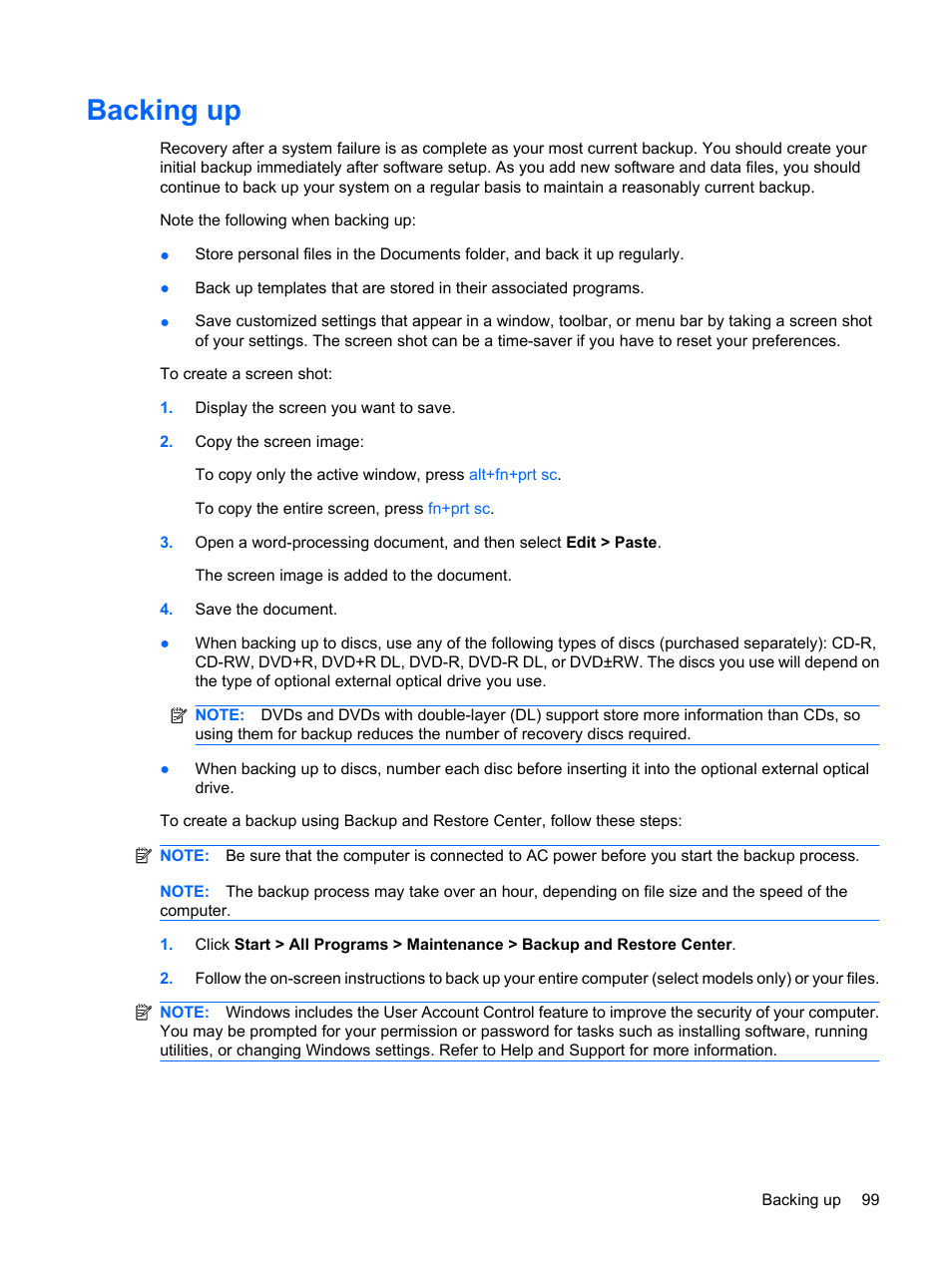 Backing up | HP Mini 5101 User Manual | Page 109 / 115