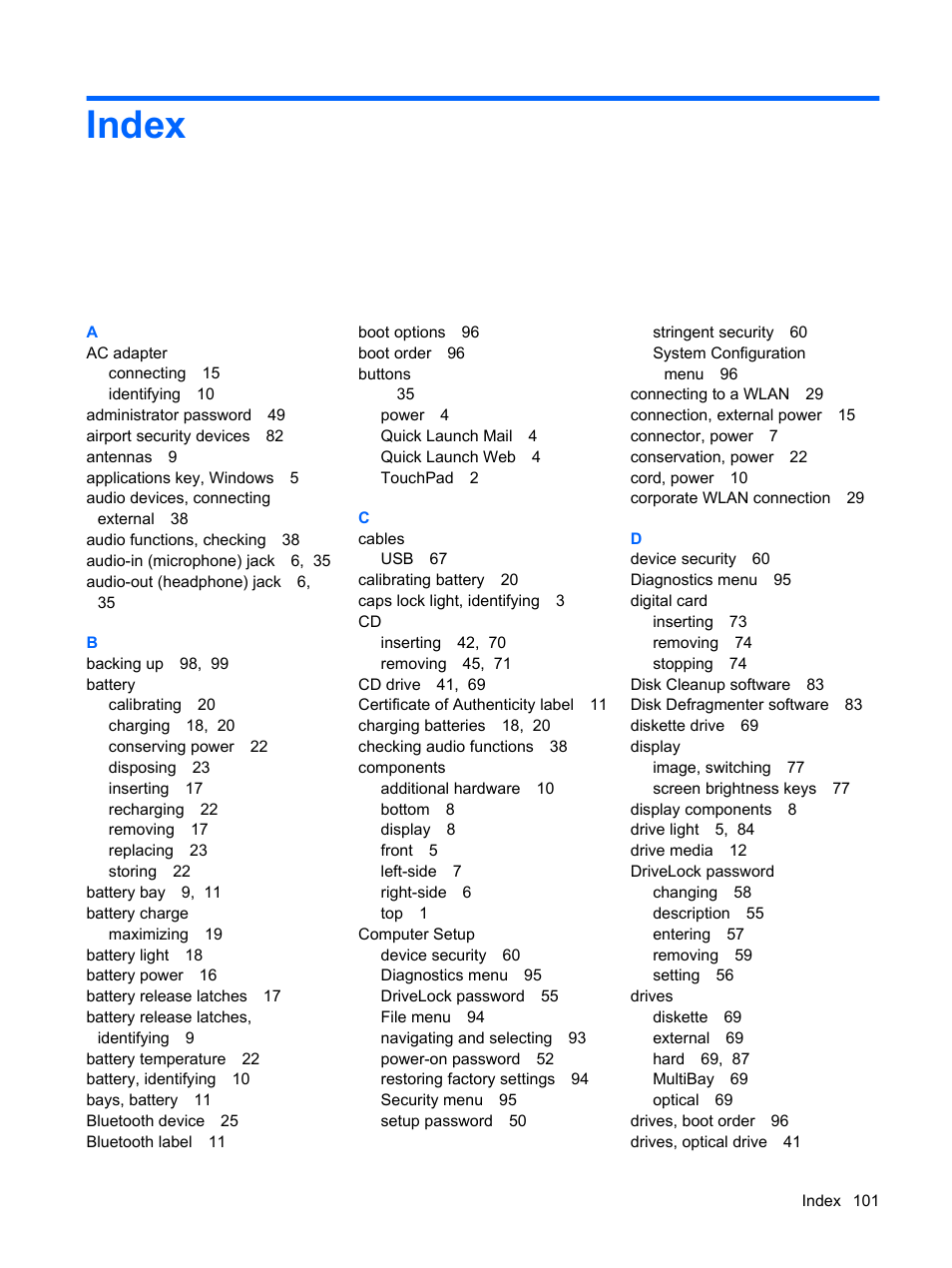 Index | HP Mini 5101 User Manual | Page 111 / 115
