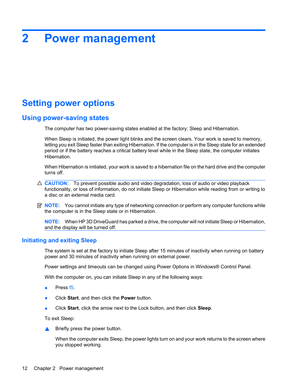 Power management, Setting power options, Using power-saving states | Initiating and exiting sleep, 2 power management, 2power management | HP Mini 5101 User Manual | Page 22 / 115
