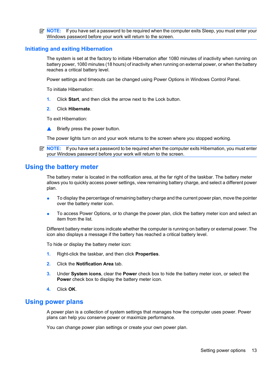 Initiating and exiting hibernation, Using the battery meter, Using power plans | Using the battery meter using power plans | HP Mini 5101 User Manual | Page 23 / 115