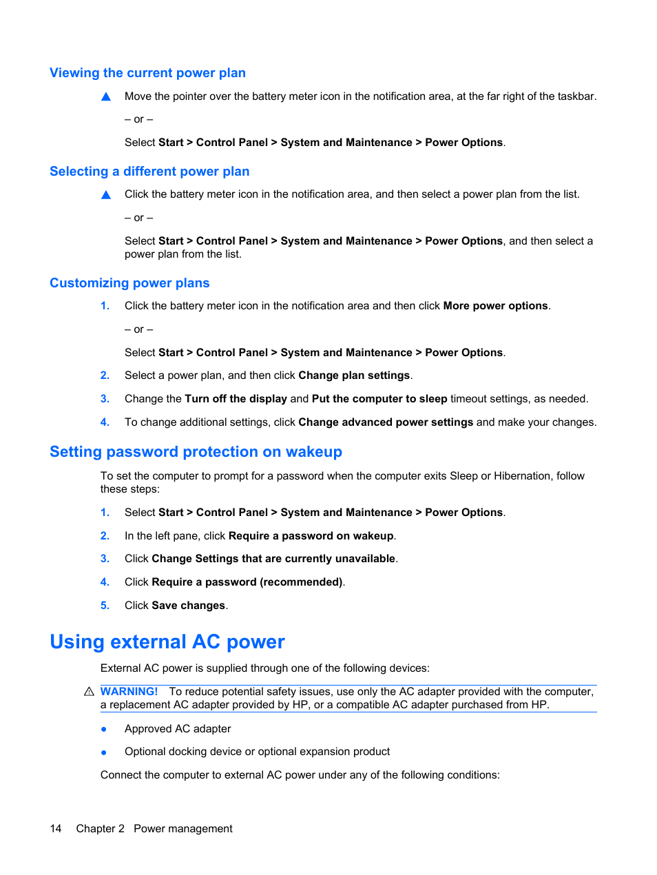 Viewing the current power plan, Selecting a different power plan, Customizing power plans | Setting password protection on wakeup, Using external ac power | HP Mini 5101 User Manual | Page 24 / 115