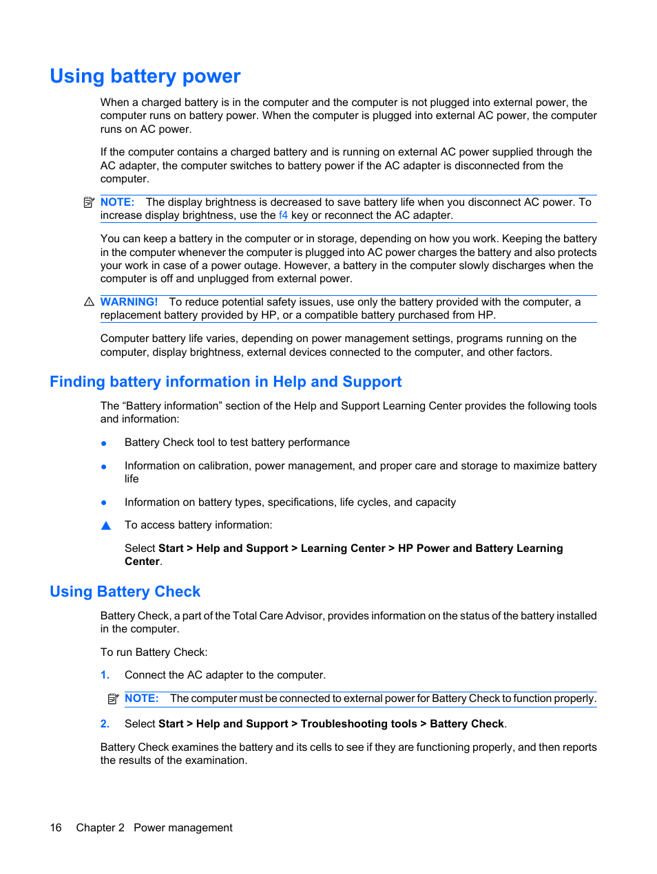 Using battery power, Finding battery information in help and support, Using battery check | HP Mini 5101 User Manual | Page 26 / 115