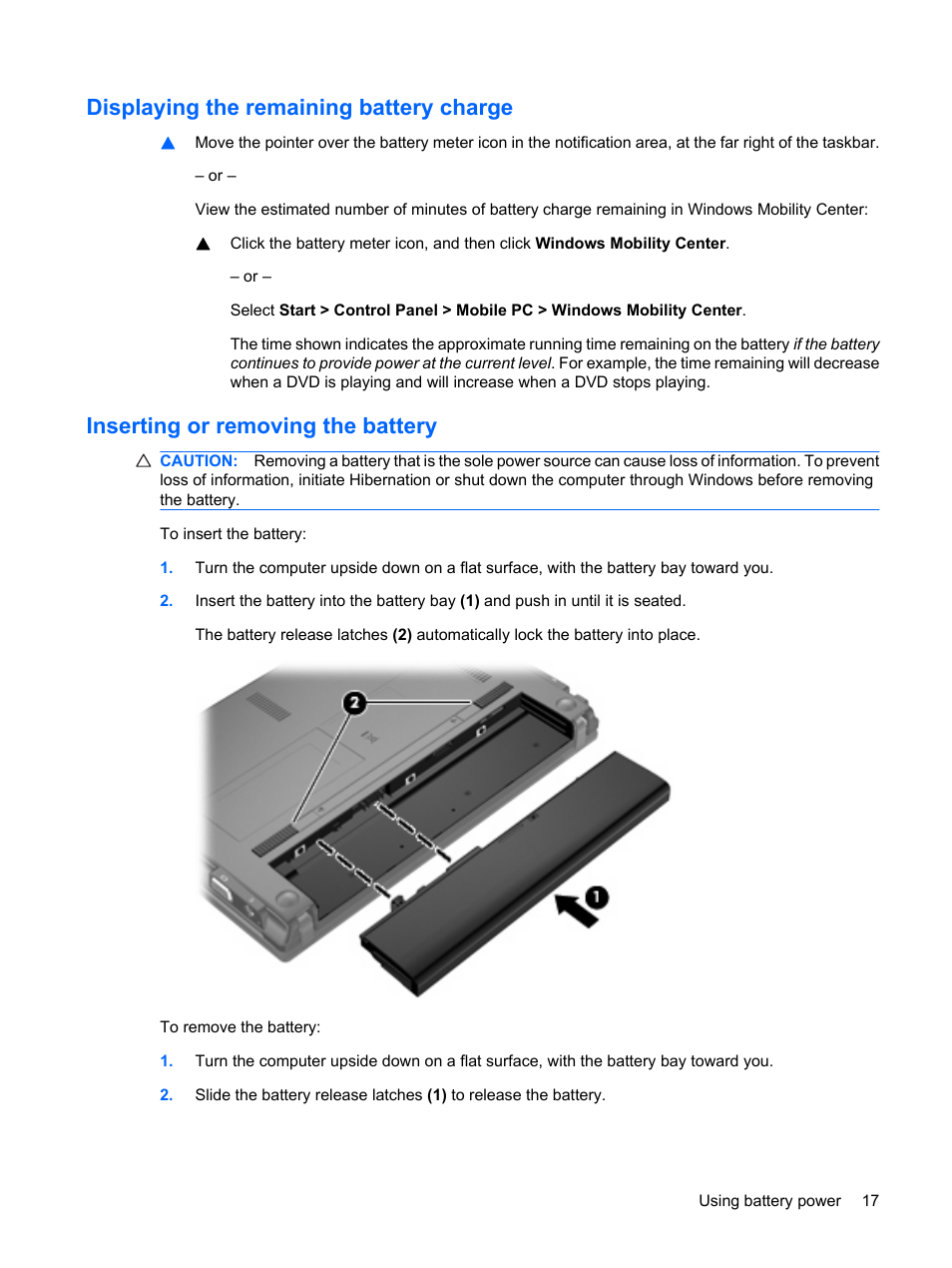 Displaying the remaining battery charge, Inserting or removing the battery | HP Mini 5101 User Manual | Page 27 / 115