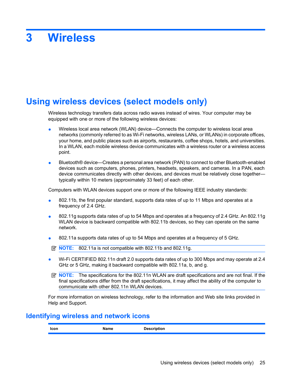 Wireless, Using wireless devices (select models only), Identifying wireless and network icons | 3 wireless, 3wireless | HP Mini 5101 User Manual | Page 35 / 115