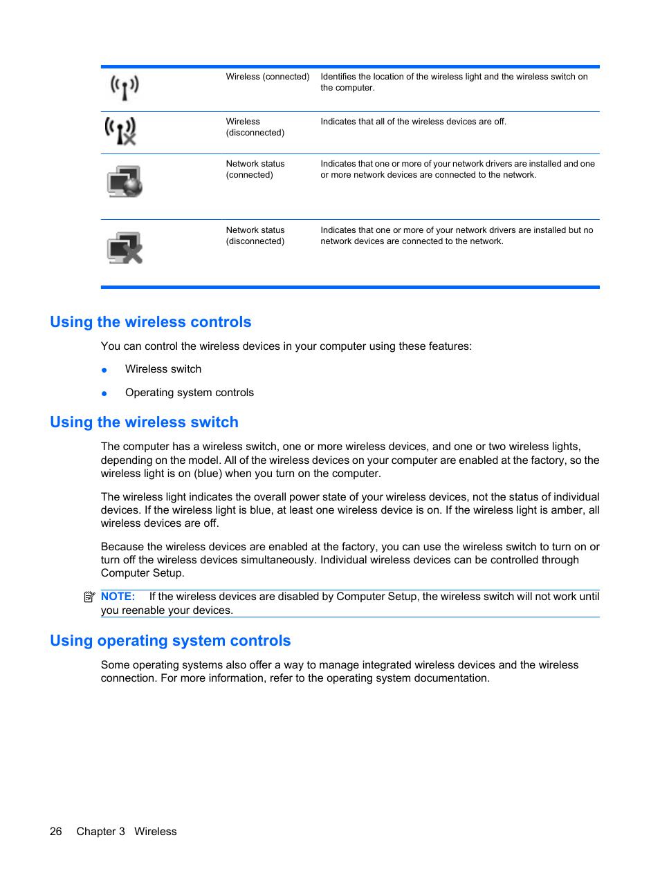 Using the wireless controls, Using the wireless switch, Using operating system controls | HP Mini 5101 User Manual | Page 36 / 115