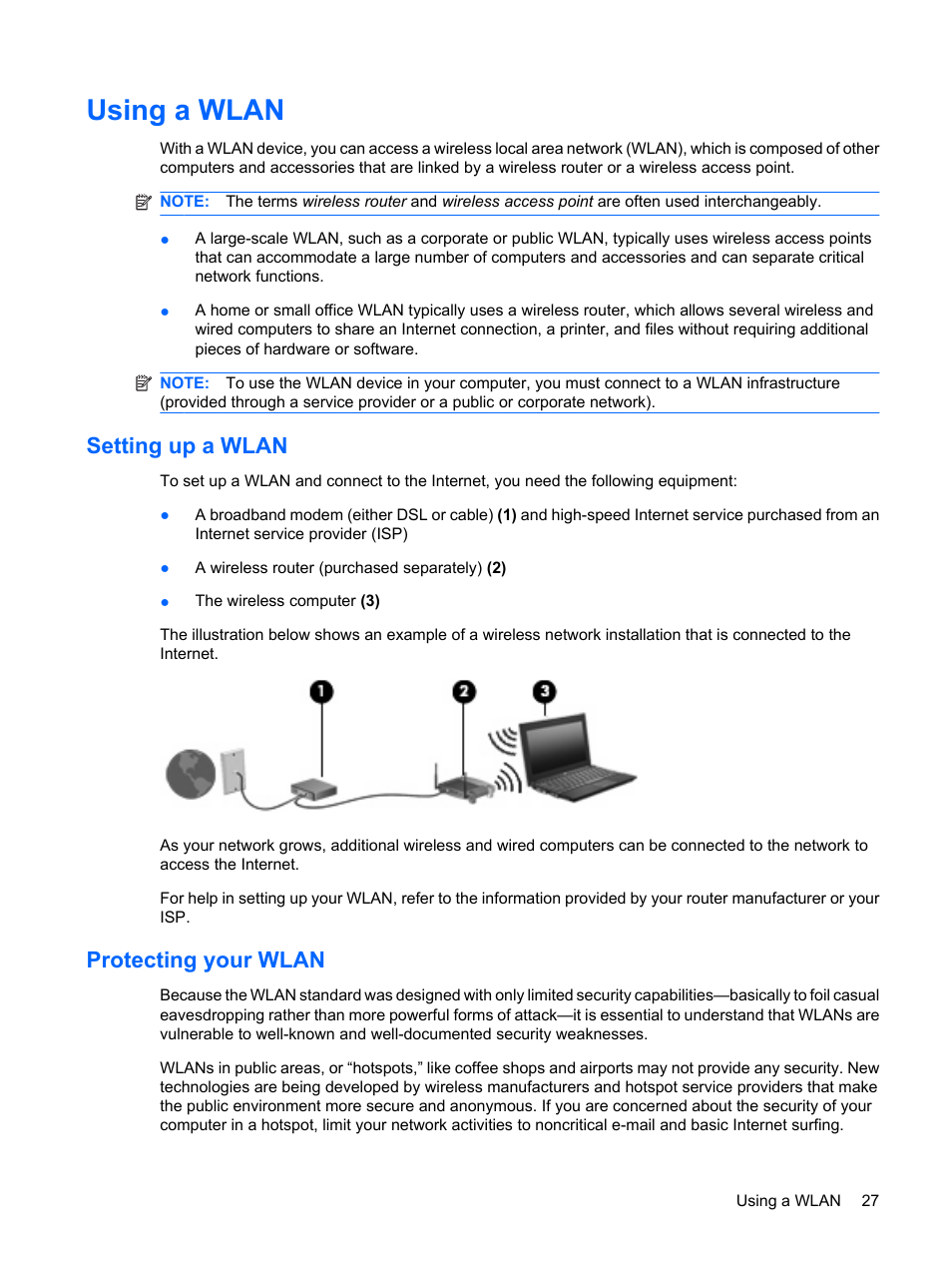 Using a wlan, Setting up a wlan, Protecting your wlan | Setting up a wlan protecting your wlan | HP Mini 5101 User Manual | Page 37 / 115