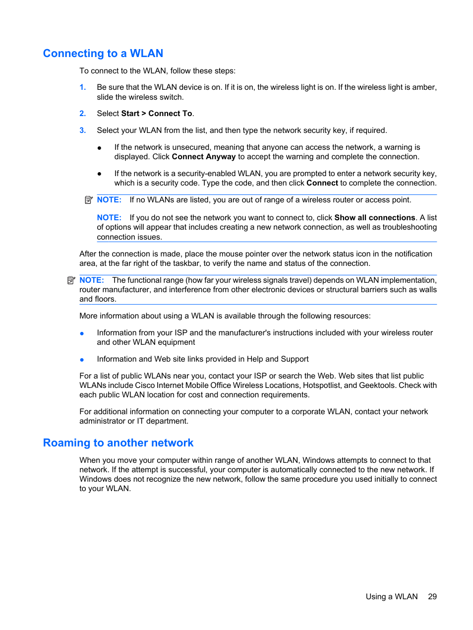 Connecting to a wlan, Roaming to another network, Connecting to a wlan roaming to another network | HP Mini 5101 User Manual | Page 39 / 115