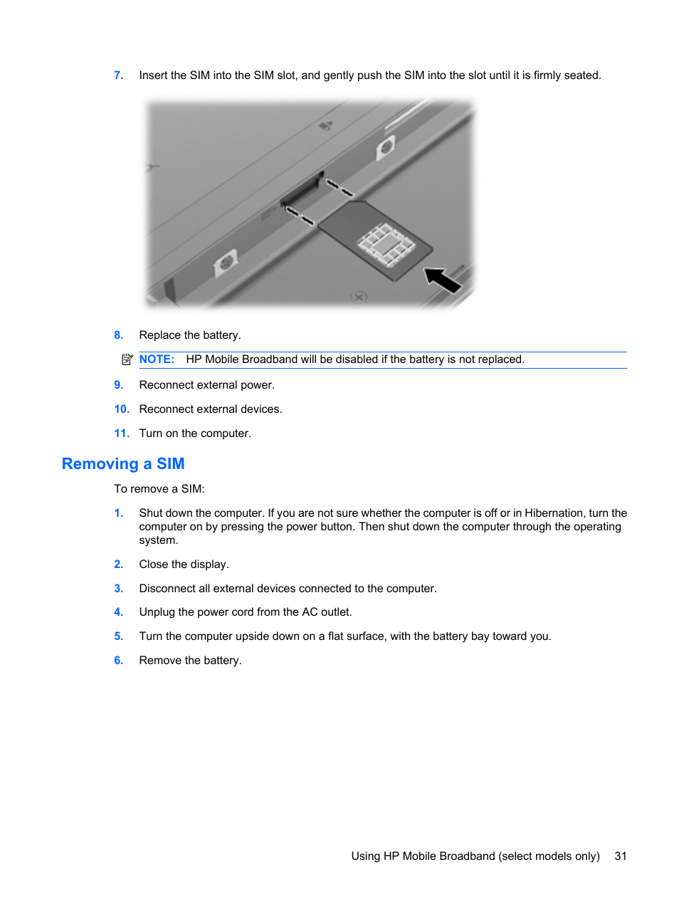 Removing a sim | HP Mini 5101 User Manual | Page 41 / 115