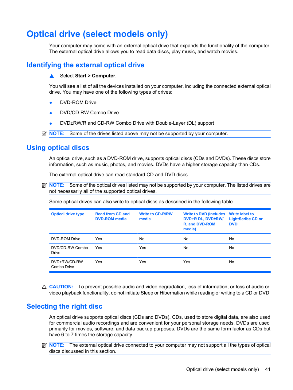 Optical drive (select models only), Identifying the external optical drive, Using optical discs | Selecting the right disc | HP Mini 5101 User Manual | Page 51 / 115