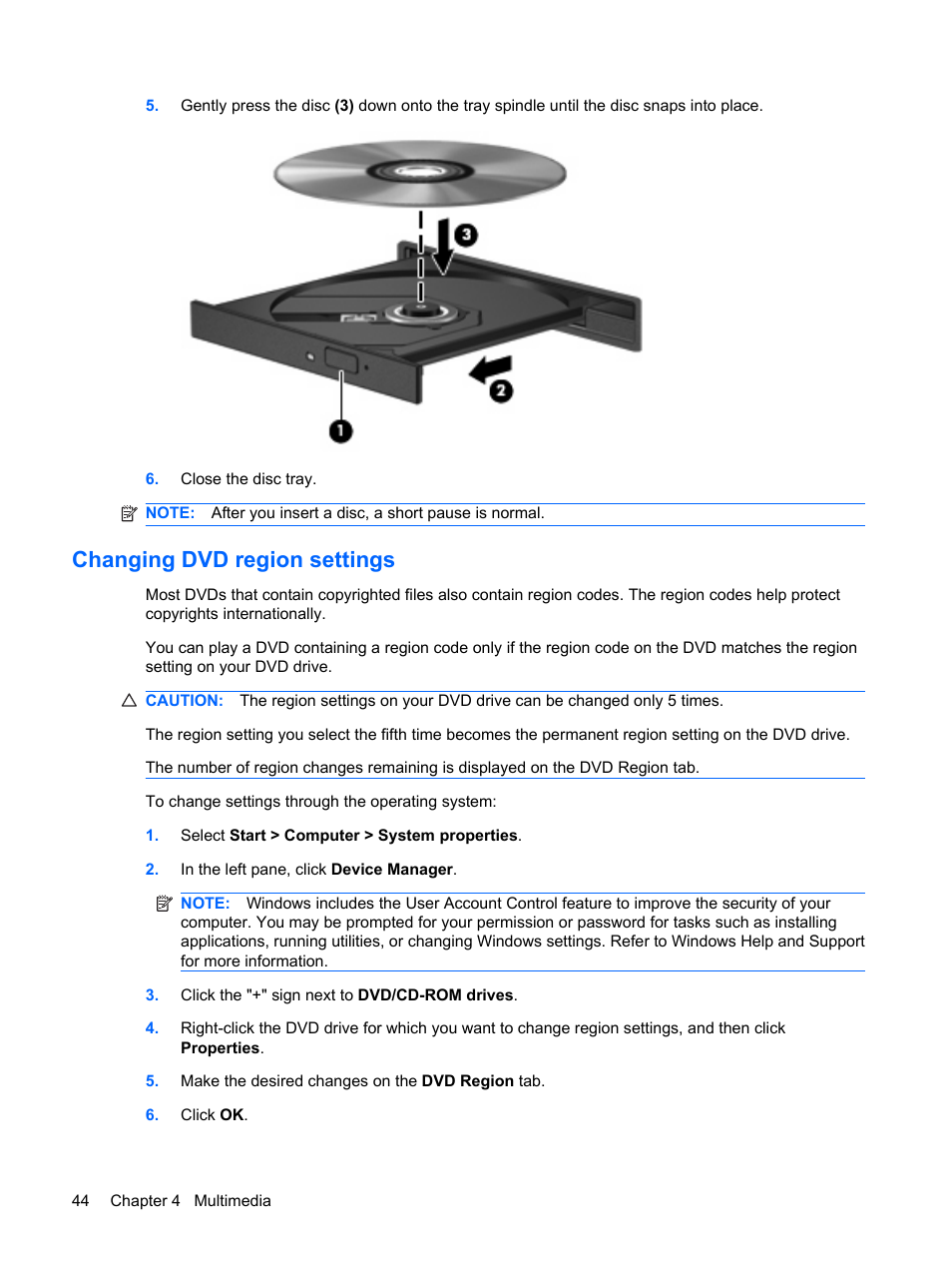 Changing dvd region settings | HP Mini 5101 User Manual | Page 54 / 115