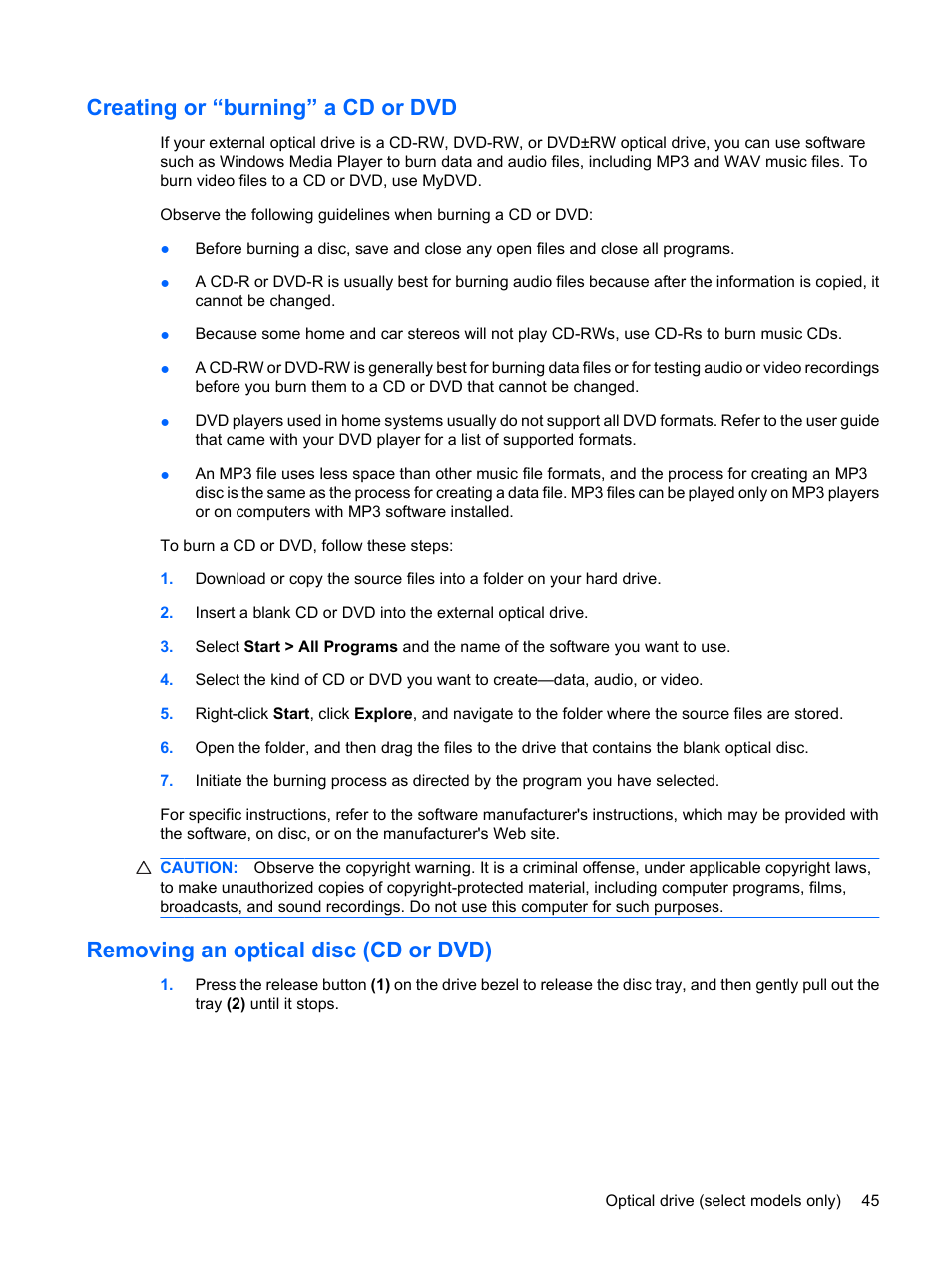 Creating or “burning” a cd or dvd, Removing an optical disc (cd or dvd) | HP Mini 5101 User Manual | Page 55 / 115