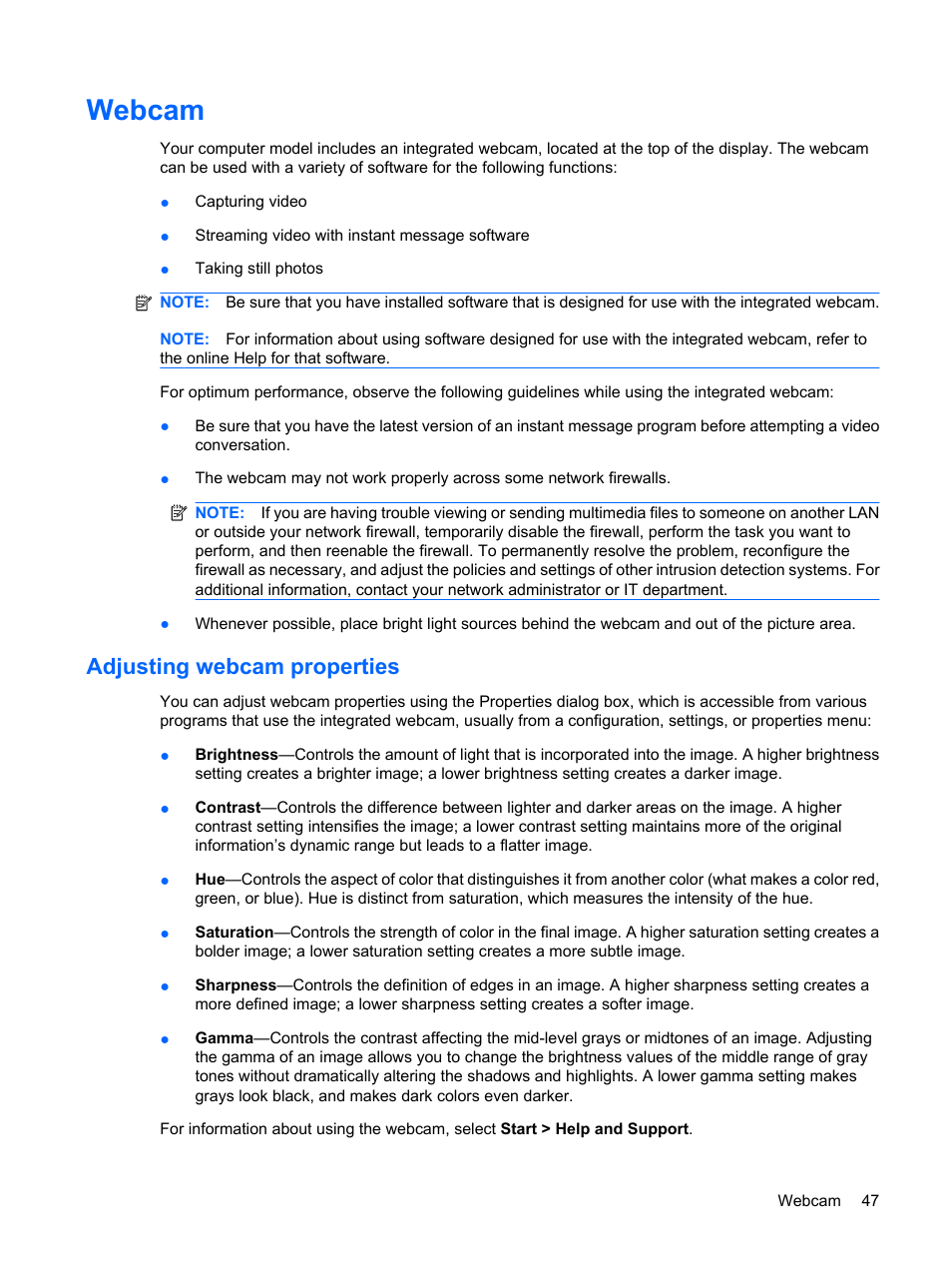 Webcam, Adjusting webcam properties | HP Mini 5101 User Manual | Page 57 / 115