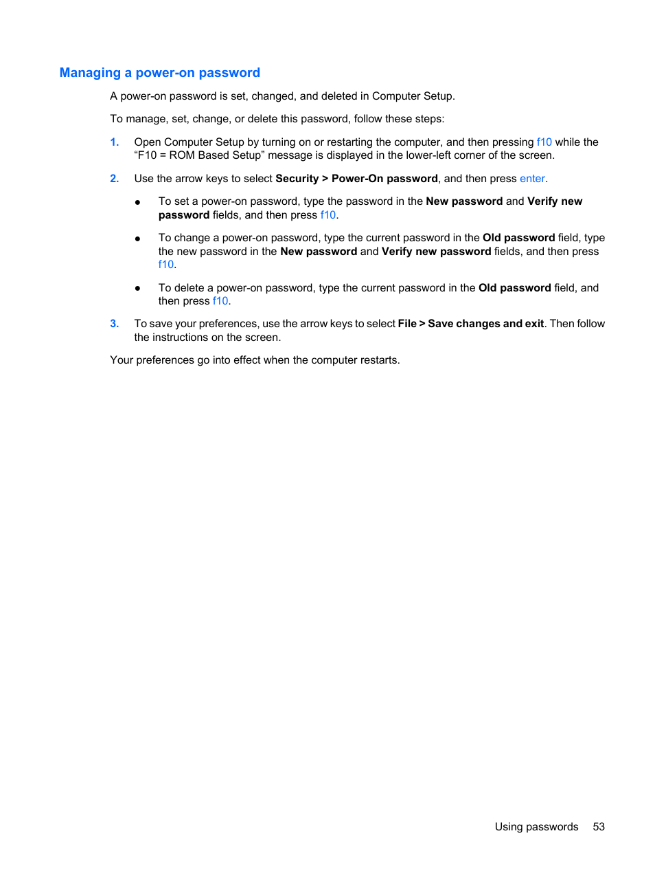 Managing a power-on password | HP Mini 5101 User Manual | Page 63 / 115