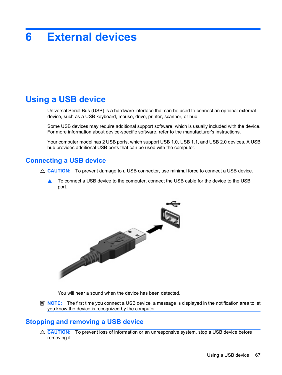 External devices, Using a usb device, Connecting a usb device | Stopping and removing a usb device, 6 external devices, 6external devices | HP Mini 5101 User Manual | Page 77 / 115