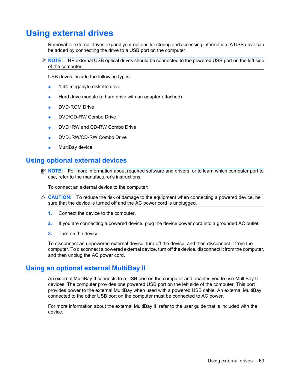 Using external drives, Using optional external devices, Using an optional external multibay ii | HP Mini 5101 User Manual | Page 79 / 115