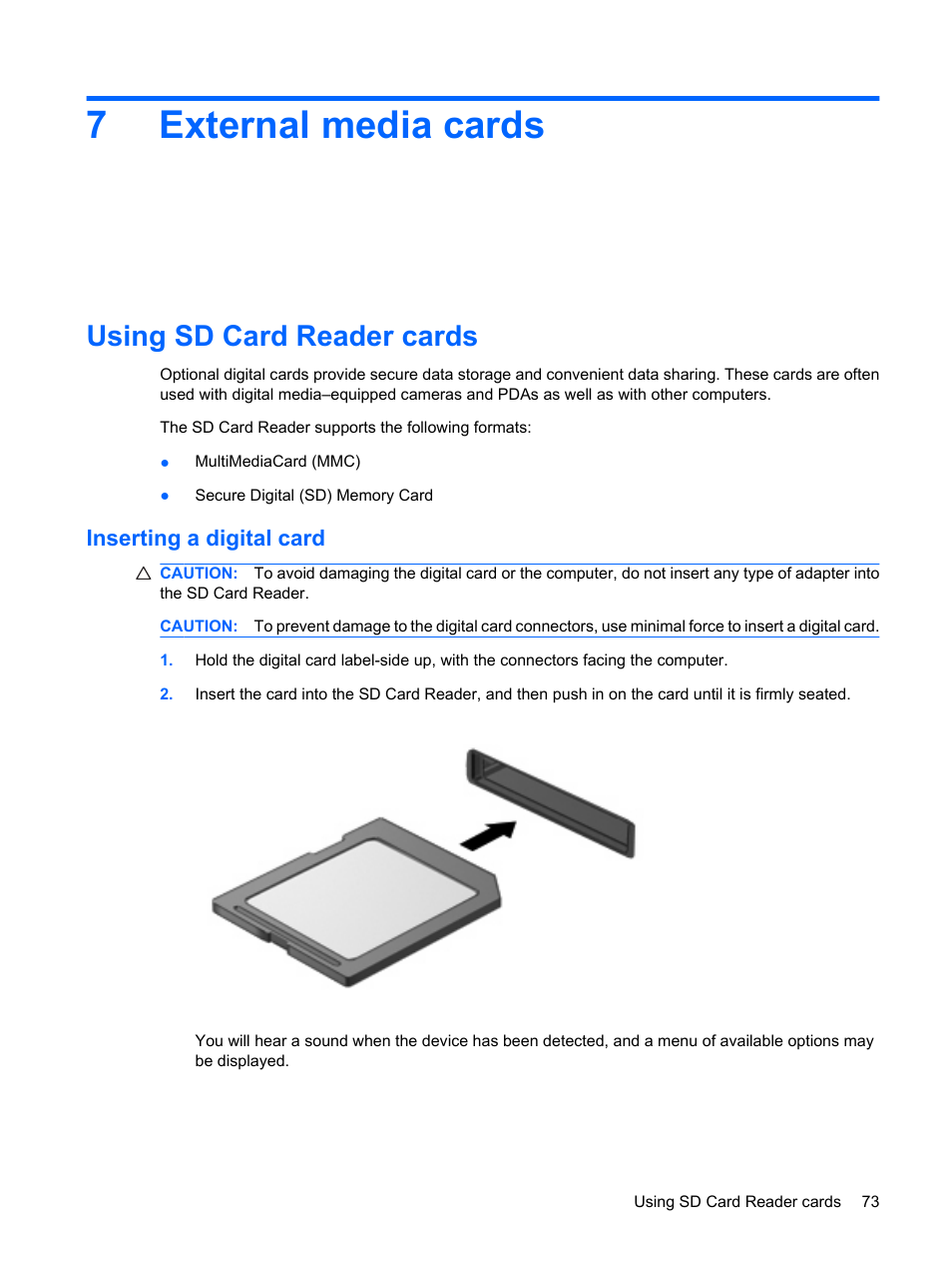 External media cards, Using sd card reader cards, Inserting a digital card | 7 external media cards, 7external media cards | HP Mini 5101 User Manual | Page 83 / 115