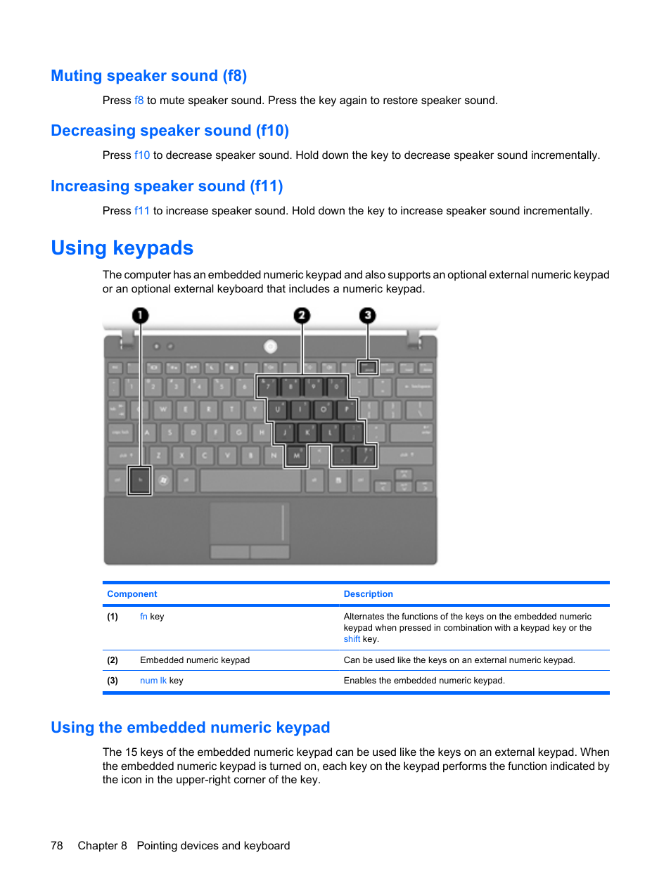 Muting speaker sound (f8), Decreasing speaker sound (f10), Increasing speaker sound (f11) | Using keypads, Using the embedded numeric keypad | HP Mini 5101 User Manual | Page 88 / 115