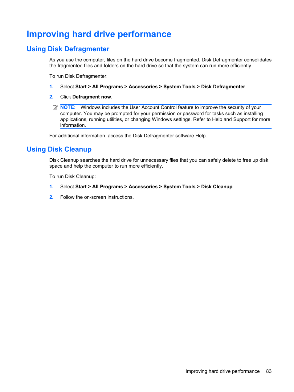 Improving hard drive performance, Using disk defragmenter, Using disk cleanup | Using disk defragmenter using disk cleanup | HP Mini 5101 User Manual | Page 93 / 115