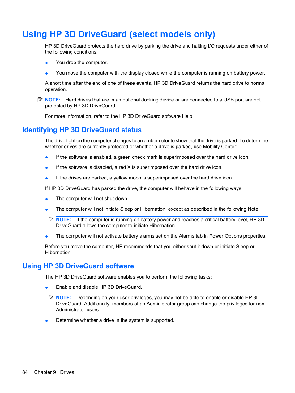 Using hp 3d driveguard (select models only), Identifying hp 3d driveguard status, Using hp 3d driveguard software | HP Mini 5101 User Manual | Page 94 / 115