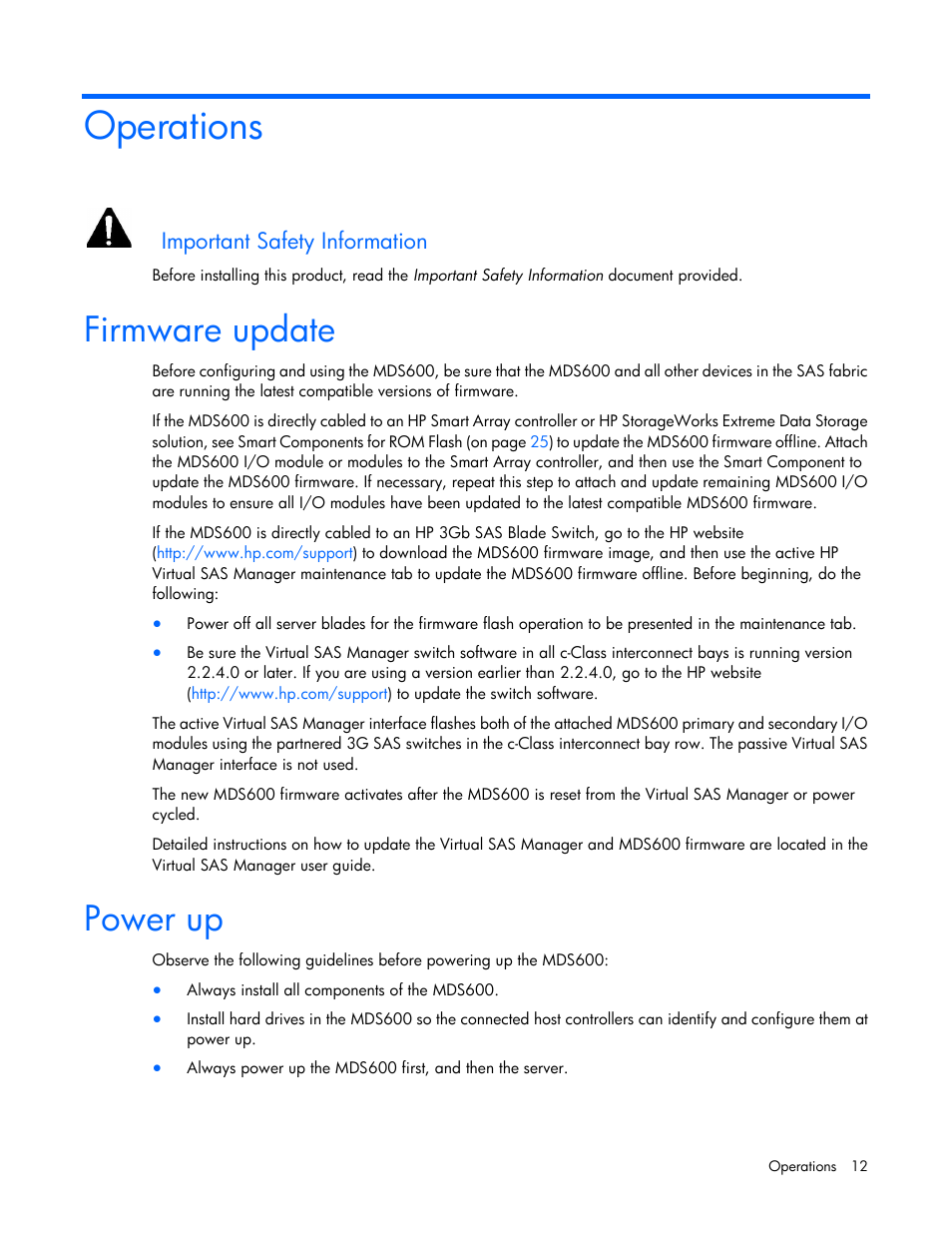 Operations, Firmware update, Power up | Important safety information | HP 600 Modular Disk System User Manual | Page 12 / 52