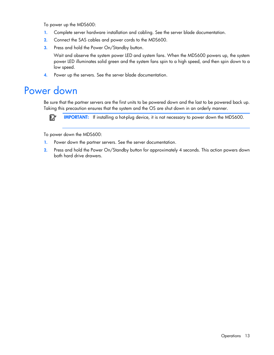 Power down | HP 600 Modular Disk System User Manual | Page 13 / 52