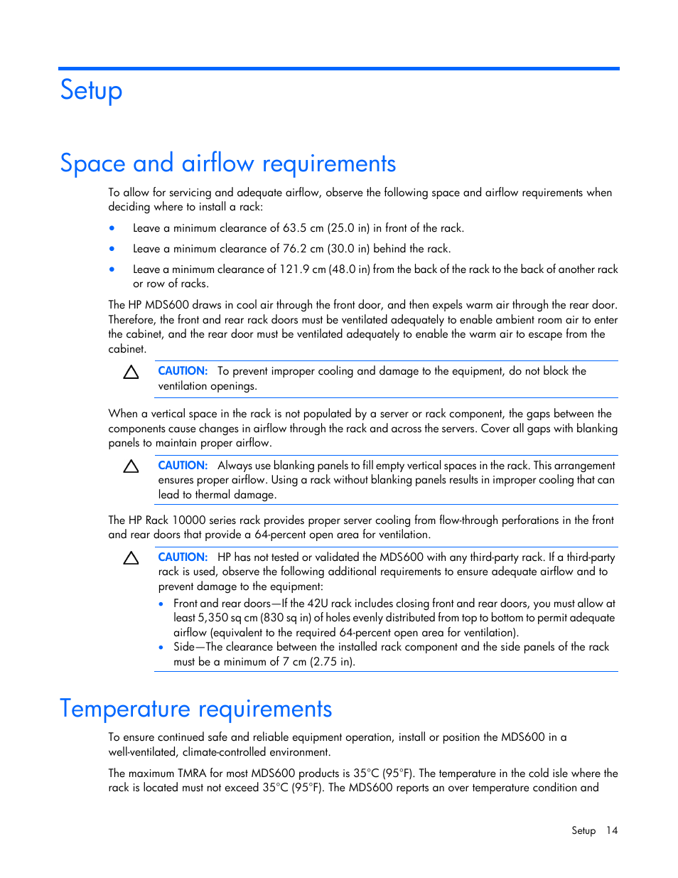 Setup, Space and airflow requirements, Temperature requirements | HP 600 Modular Disk System User Manual | Page 14 / 52