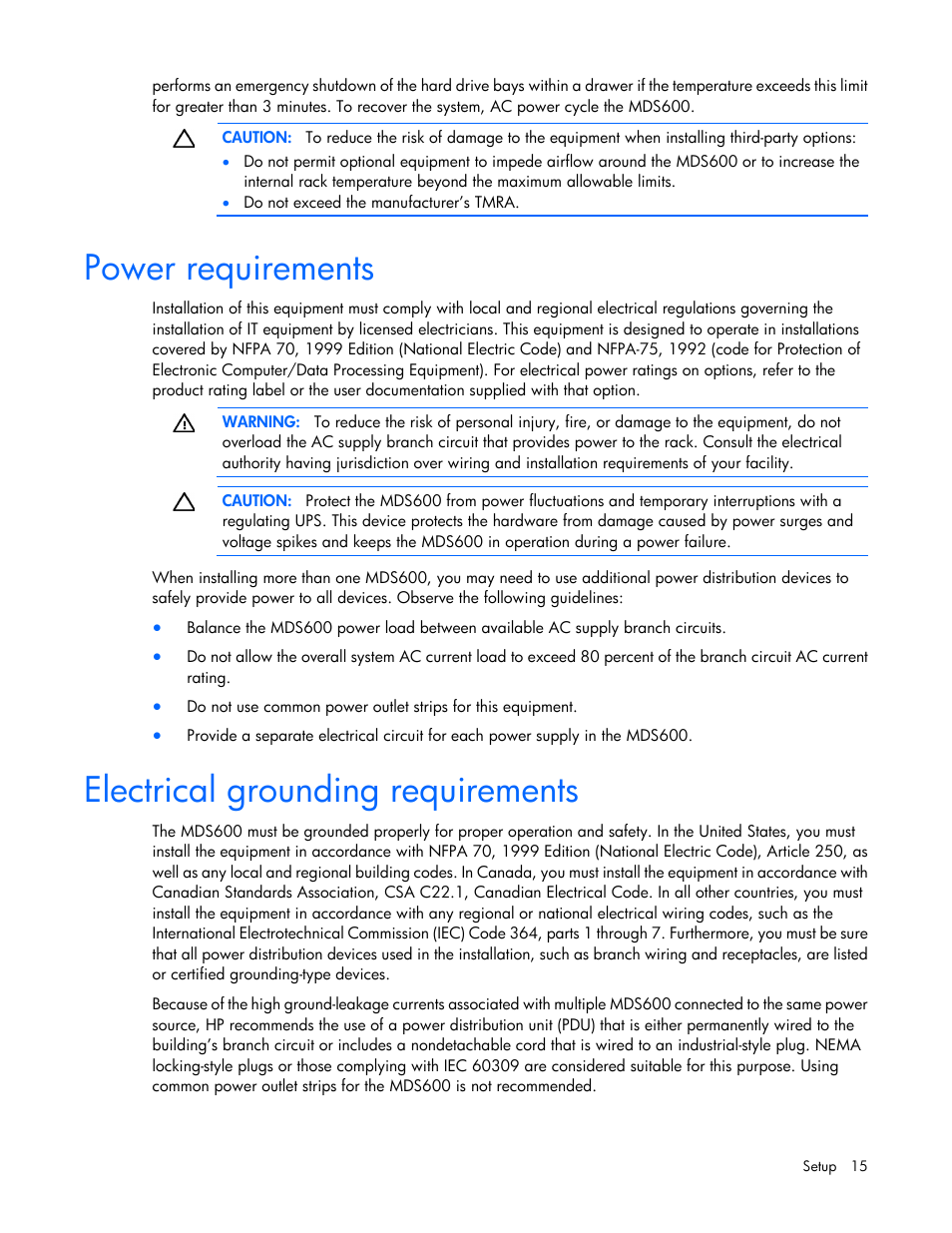 Power requirements, Electrical grounding requirements | HP 600 Modular Disk System User Manual | Page 15 / 52