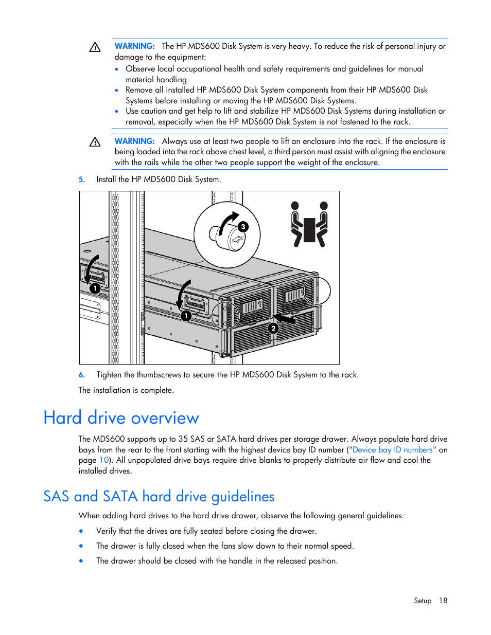 Hard drive overview, Sas and sata hard drive guidelines | HP 600 Modular Disk System User Manual | Page 18 / 52