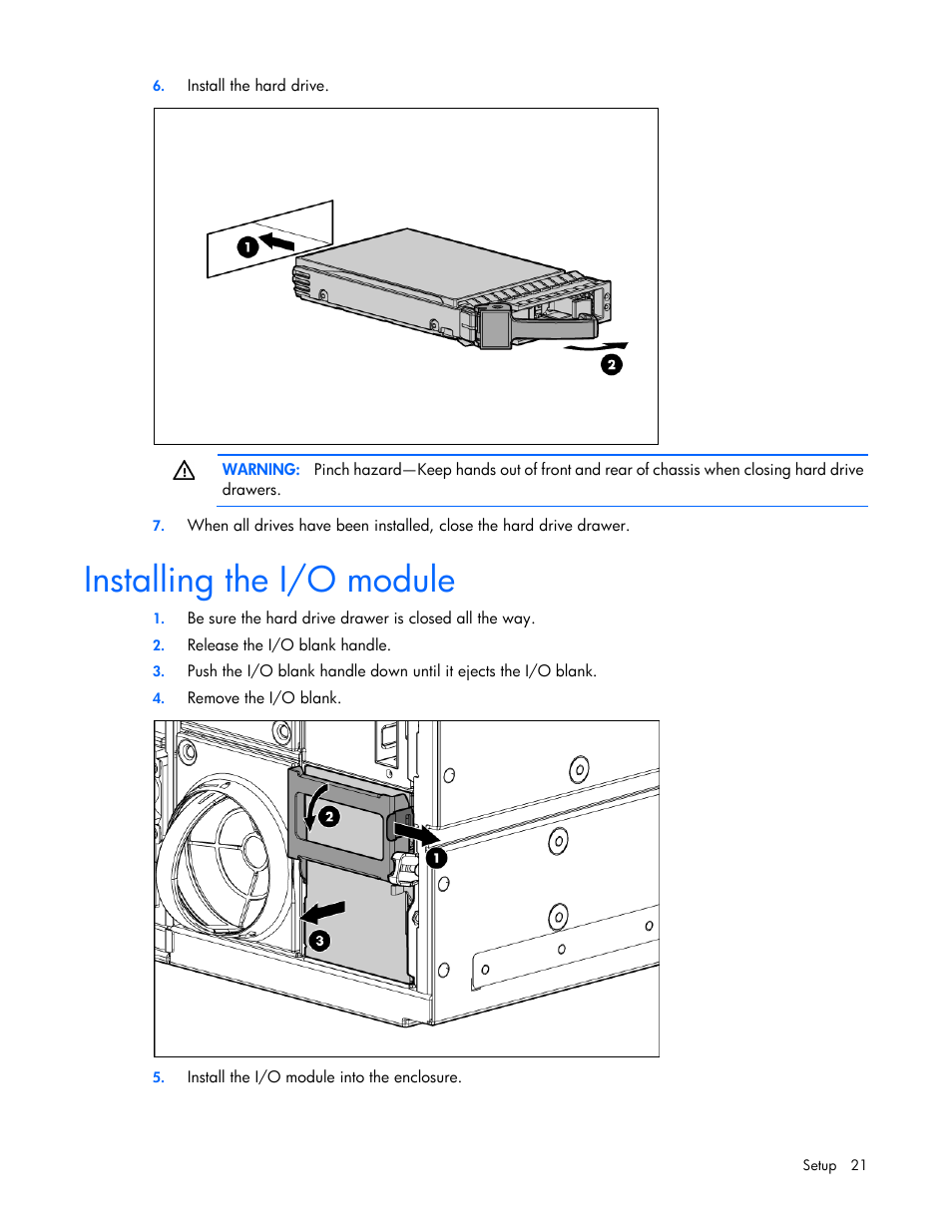 Installing the i/o module | HP 600 Modular Disk System User Manual | Page 21 / 52