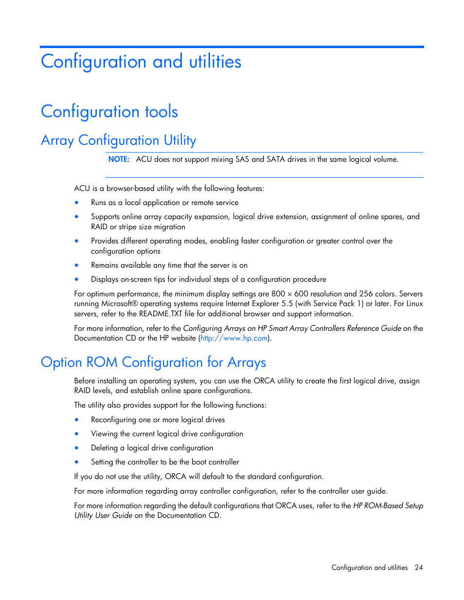 Configuration and utilities, Configuration tools, Array configuration utility | Option rom configuration for arrays | HP 600 Modular Disk System User Manual | Page 24 / 52