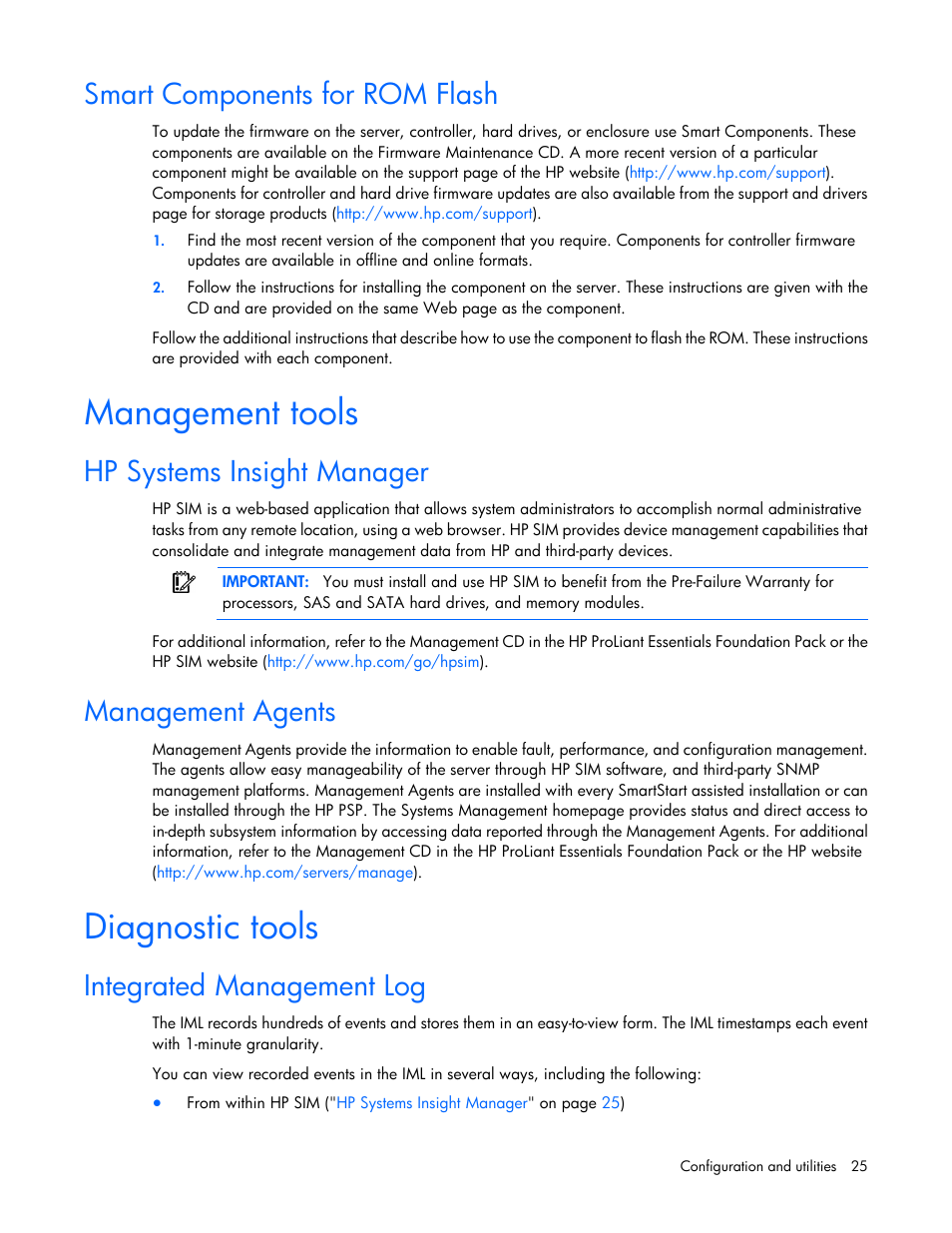 Smart components for rom flash, Management tools, Hp systems insight manager | Management agents, Diagnostic tools, Integrated management log | HP 600 Modular Disk System User Manual | Page 25 / 52