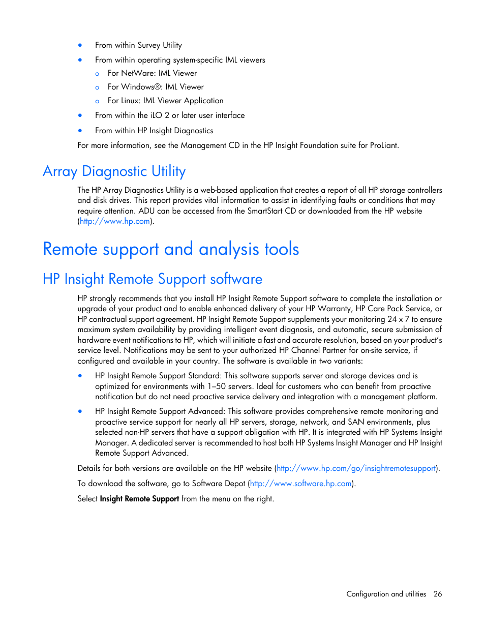 Array diagnostic utility, Remote support and analysis tools, Hp insight remote support software | HP 600 Modular Disk System User Manual | Page 26 / 52