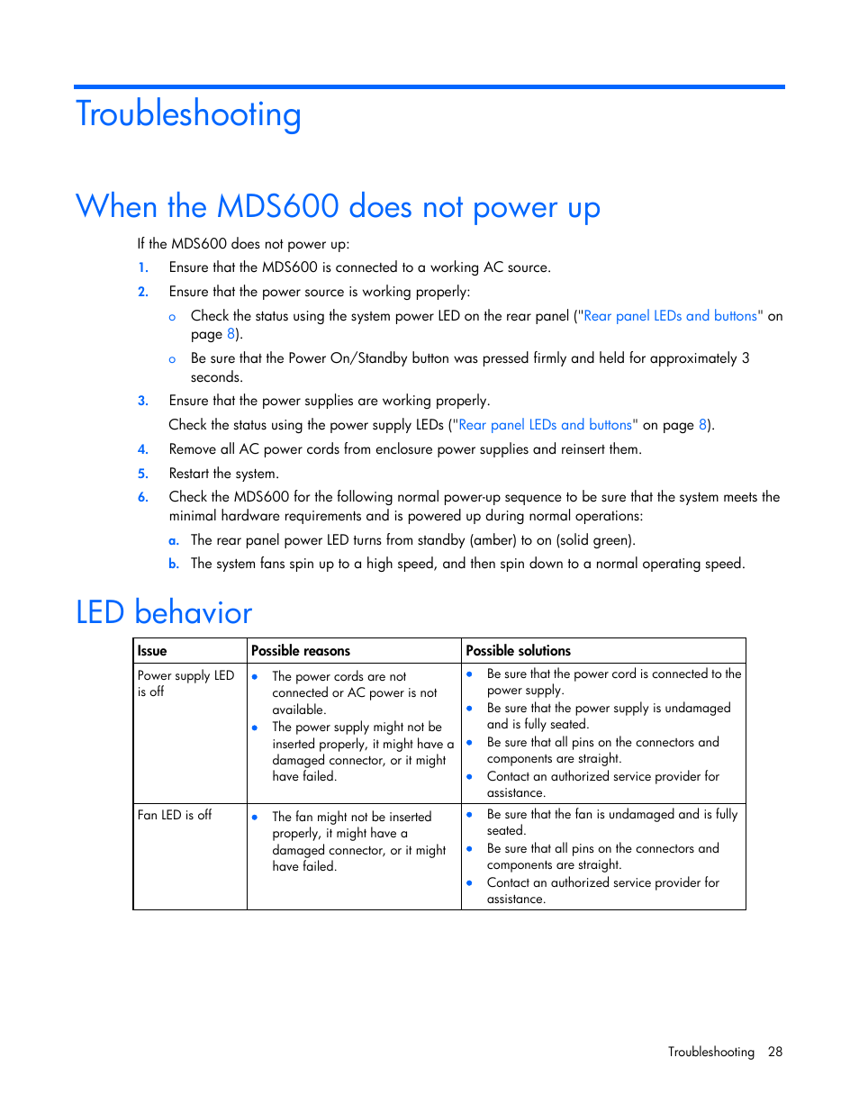 Troubleshooting, When the mds600 does not power up, Led behavior | HP 600 Modular Disk System User Manual | Page 28 / 52