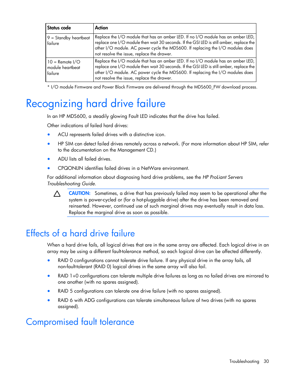 Recognizing hard drive failure, Effects of a hard drive failure, Compromised fault tolerance | HP 600 Modular Disk System User Manual | Page 30 / 52