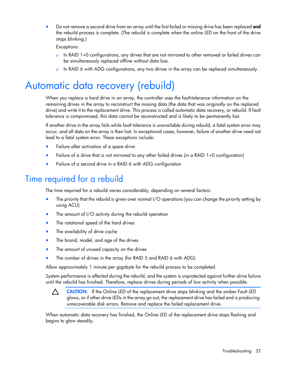 Automatic data recovery (rebuild), Time required for a rebuild | HP 600 Modular Disk System User Manual | Page 32 / 52