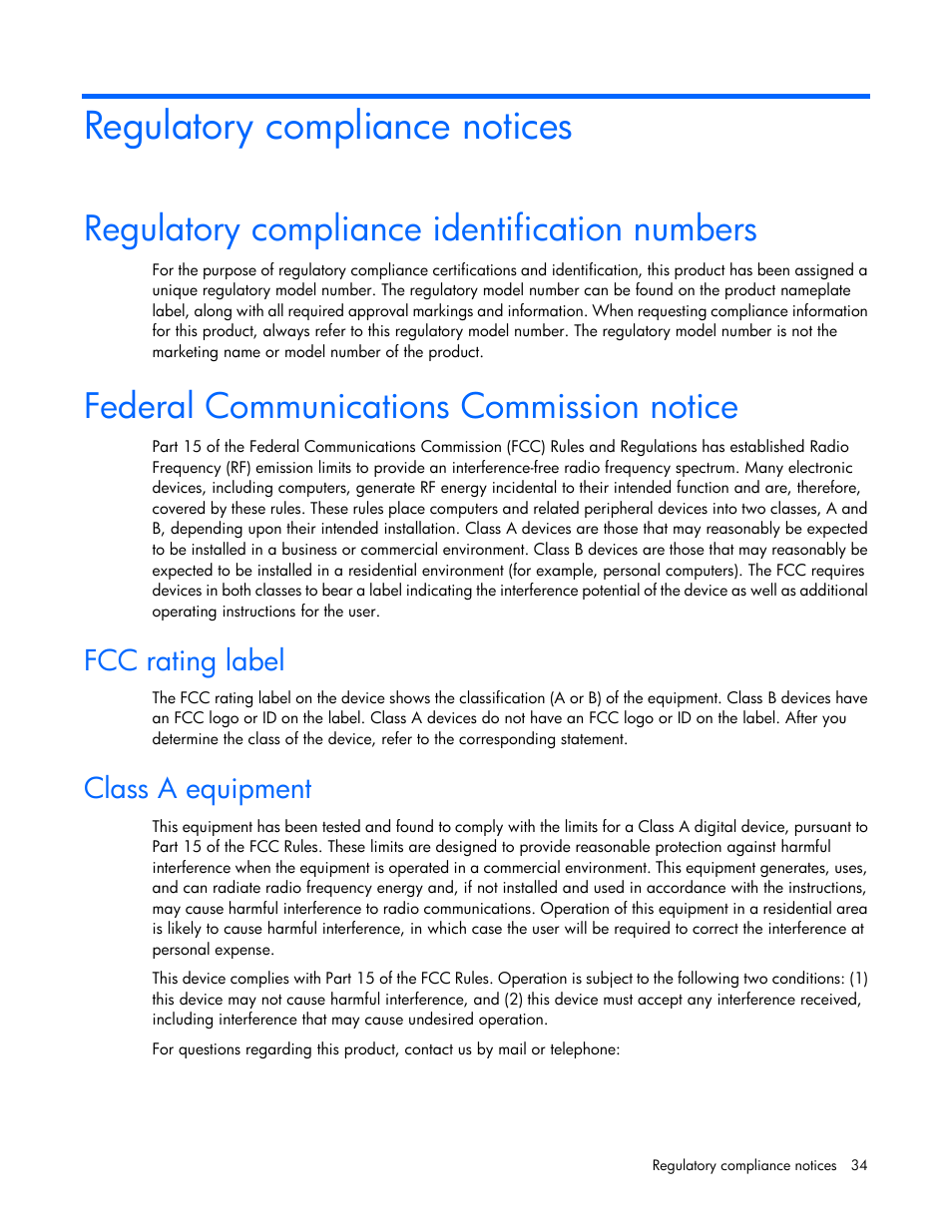 Regulatory compliance notices, Regulatory compliance identification numbers, Federal communications commission notice | Fcc rating label, Class a equipment | HP 600 Modular Disk System User Manual | Page 34 / 52