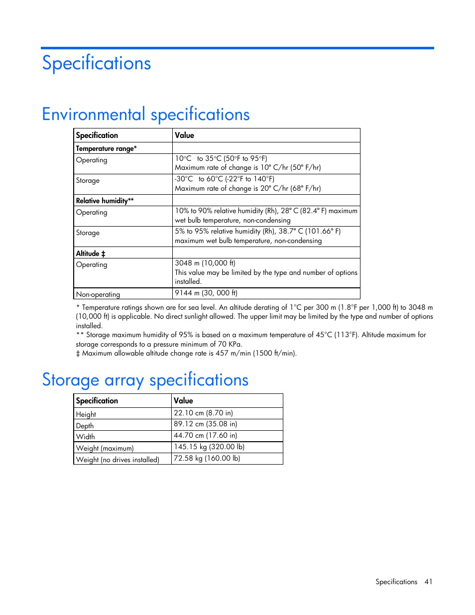 Specifications, Environmental specifications, Storage array specifications | HP 600 Modular Disk System User Manual | Page 41 / 52