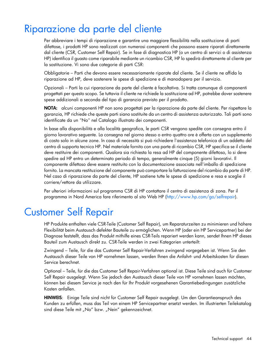 Riparazione da parte del cliente, Customer self repair | HP 600 Modular Disk System User Manual | Page 44 / 52